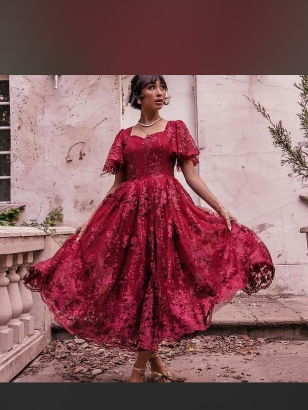 JessaKae Wine Red Lace Midi Dress with Puff Sleeves